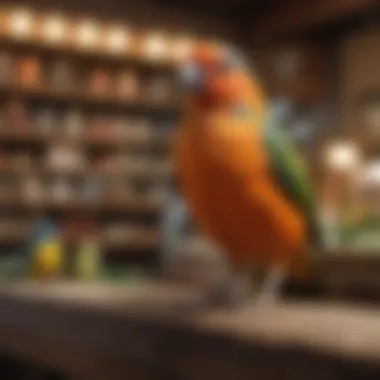 A vibrant display of various pet bird species available at a local shop