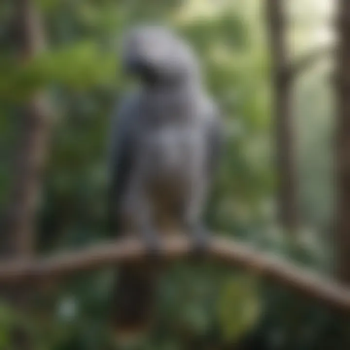 A vibrant gray parrot perched on a branch, showcasing its stunning plumage.