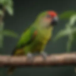 Vibrant green cheeked conure perched on a branch