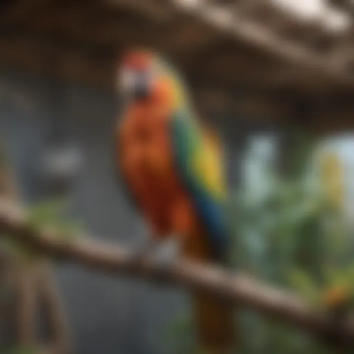 A vibrant parrot perched on a colorful branch in a well-designed aviary.