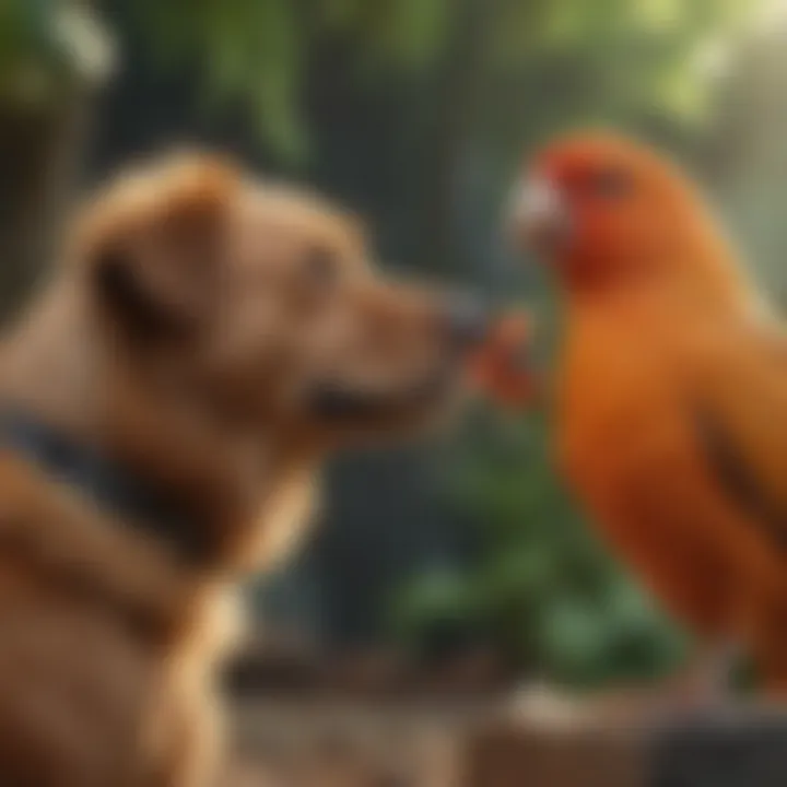 A dog and a bird interacting peacefully under supervision