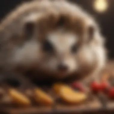 A close-up view of a hedgehog enjoying a balanced meal of insects and fruits.