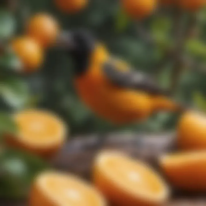 Close-up of Baltimore Oriole enjoying orange slices