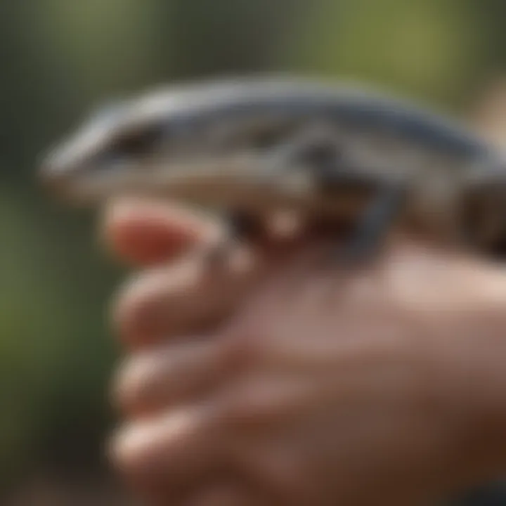 A skink being gently handled with care in a peaceful setting.