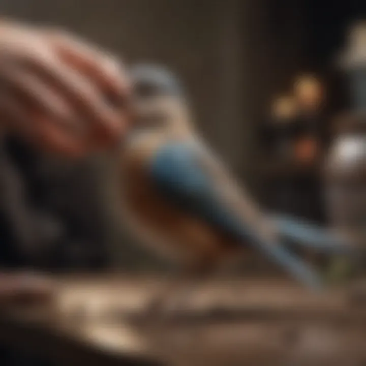 Person gently examining the wing of an injured bird in a calm environment.