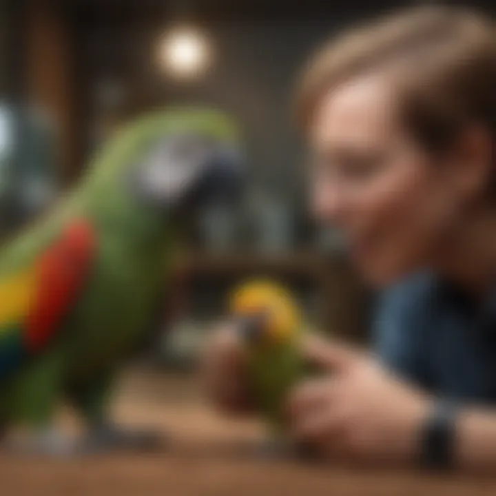 A caregiver interacting with a parrot in a nurturing manner