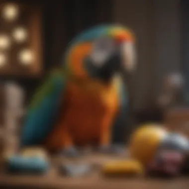 A macaw engaging in playtime with toys, showcasing its social nature.