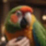 A vibrant parrot perched on a shoulder, showcasing a bond between bird and owner.