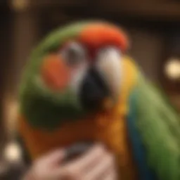 A vibrant parrot perched on a shoulder, showcasing a bond between bird and owner.