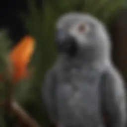 A close-up of an African Grey parrot perched on a branch, showcasing its vibrant feathers and intelligent gaze.