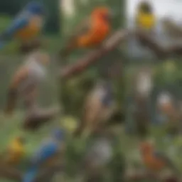 A vibrant collage of various birds in their natural habitat, showcasing diverse species