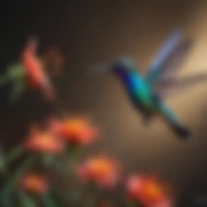 A colorful hummingbird hovering near a flower, illustrating its rapid wing movement and iridescent feathers.