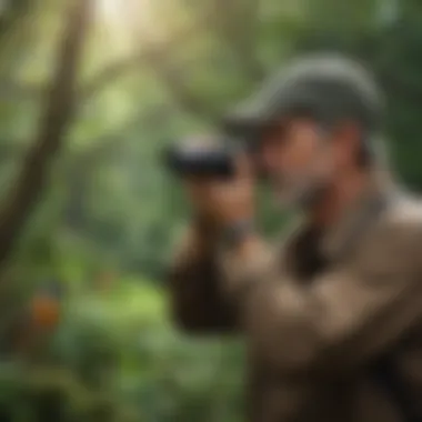 A birdwatcher observing birds with binoculars in a lush green setting.