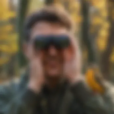 Birdwatching enthusiast using binoculars to observe vibrant birds in nature.