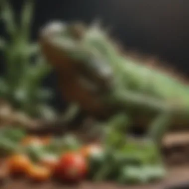 Close-up of a varied iguana diet featuring leafy greens and vegetables