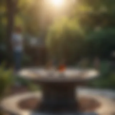 A homeowner installing a large heated bird bath in their backyard.