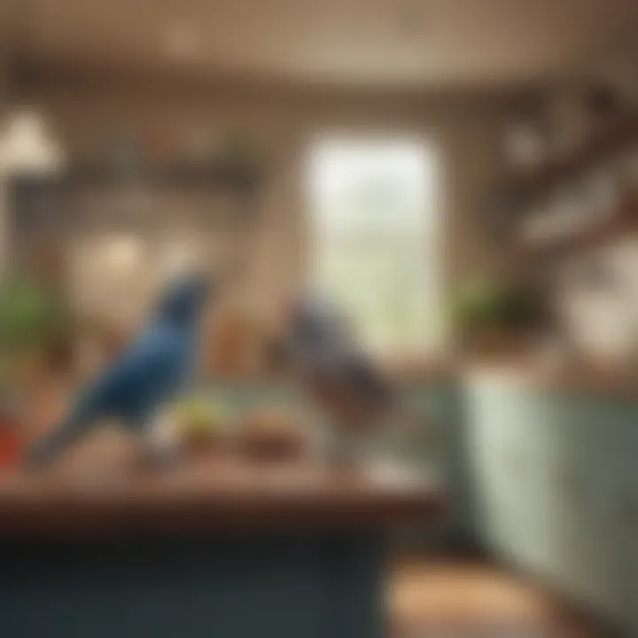 Pet birds perched near a kitchen environment