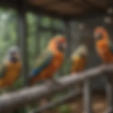 A diverse group of birds in a spacious aviary, illustrating the importance of ethical treatment and freedom.