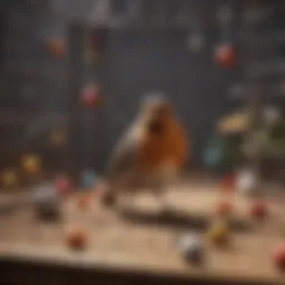Spacious playpen for birds filled with toys