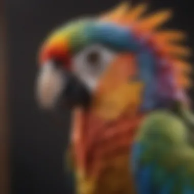 A close-up view of a parrot with intricately colored feathers