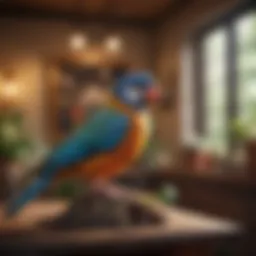 A diverse collection of pet birds perched in a vibrant indoor setting