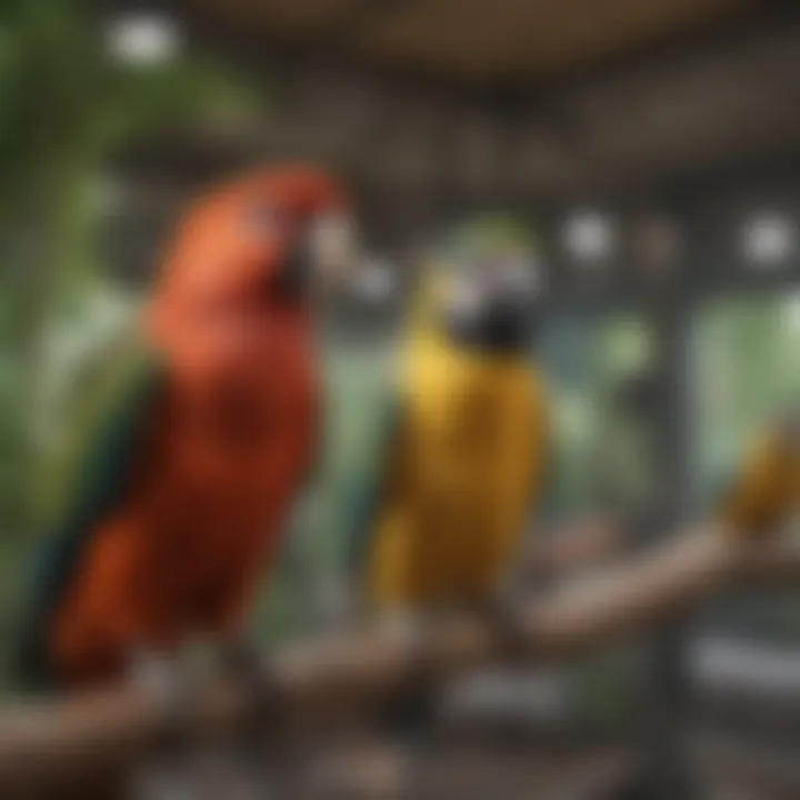 An indoor aviary filled with various types of pet birds enjoying a spacious environment.