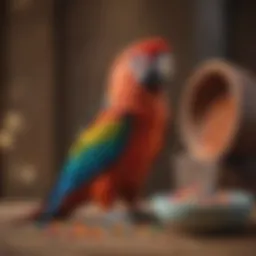 Vibrant macaw perched next to a bowl of colorful pellets