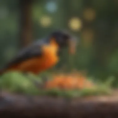 An oriole feasting on mealworms from a specialized feeder