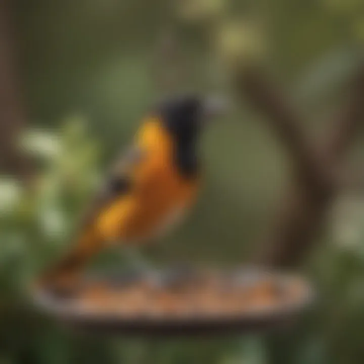 An oriole attracted to a well-placed mealworm feeder in a backyard