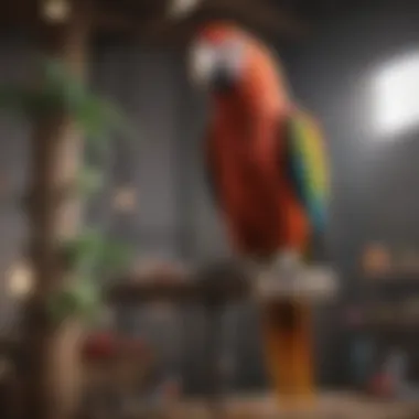 A vibrant parrot perched on a multi-level perch stand, engaging with toys.