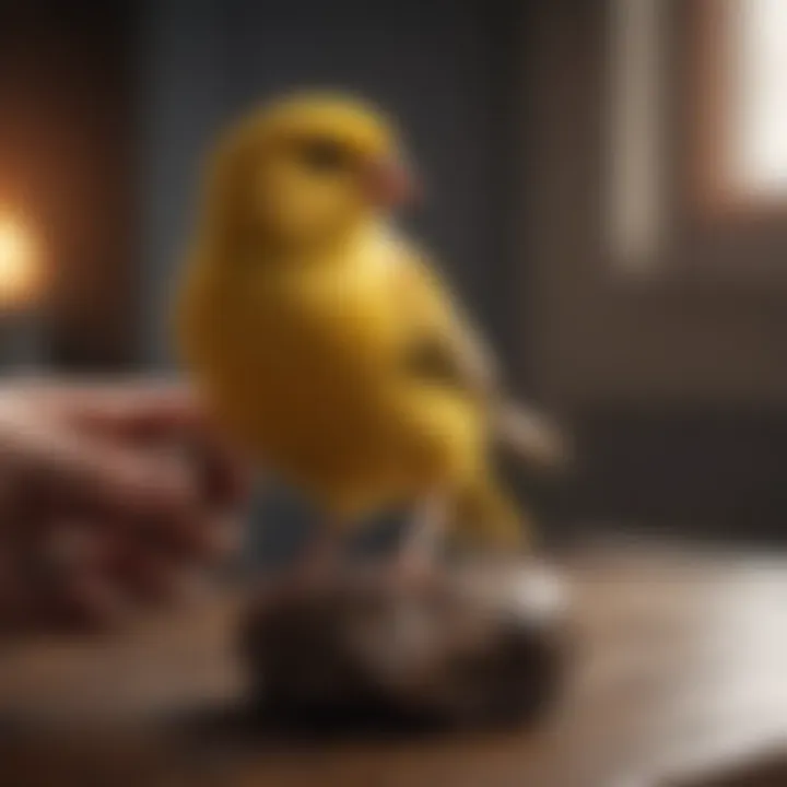 A detailed view of a hand holding a canary in a cozy environment