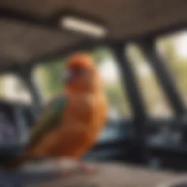 An owner traveling with a bird carrier in a car during a veterinary visit