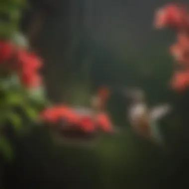 Close-up of a hummingbird drinking nectar from a bright feeder