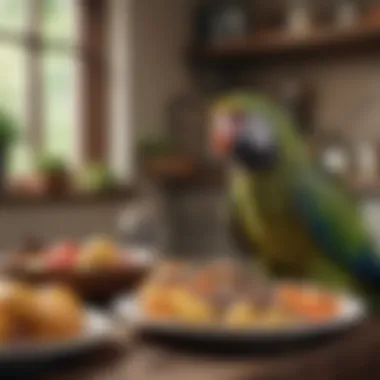 A close-up of a parrot enjoying a nutritious meal in a cozy home setting