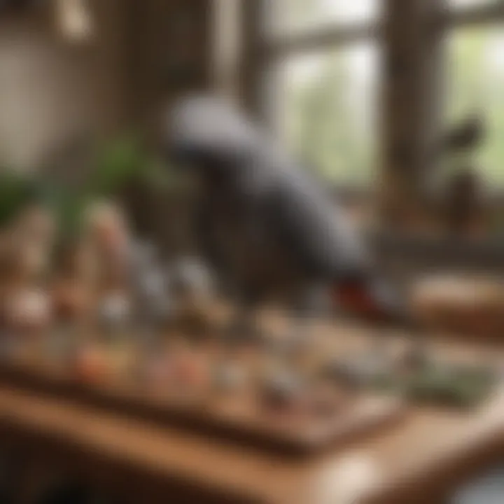 A variety of bird food and toys spread out on a table, illustrating the ongoing care needs of African Grey parrots.