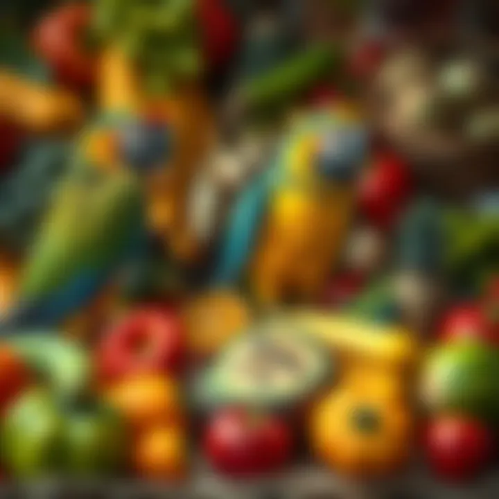 Fresh Produce for Parrots A vibrant array of fresh fruits and vegetables suitable for parrots