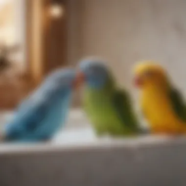 Colorful parakeets enjoying a bath in a specially designed bathtub.