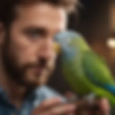 A playful parakeet interacting with its owner