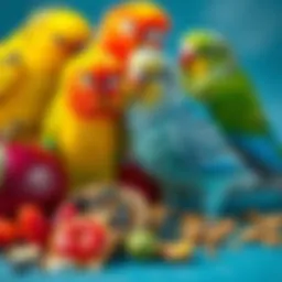 A variety of colorful parakeet treats including fruits and seeds