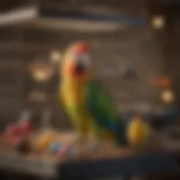 Vibrant parrot perched inside a spacious cage filled with toys