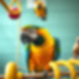 Colorful parrot interacting with play equipment