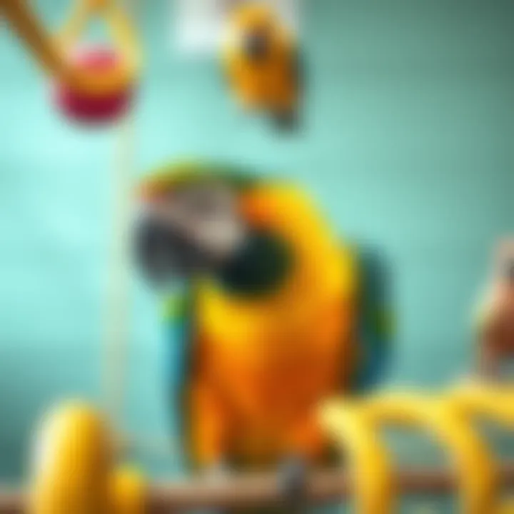 Engaging Playtime for Parrots Colorful parrot interacting with play equipment