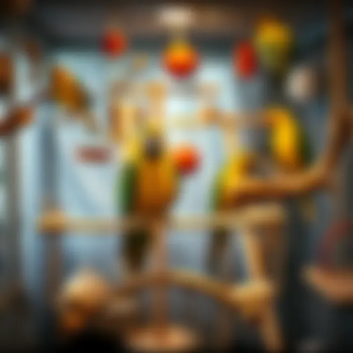 Comprehensive Setup of a Parrot Gym A well-equipped parrot gym with various toys and perches
