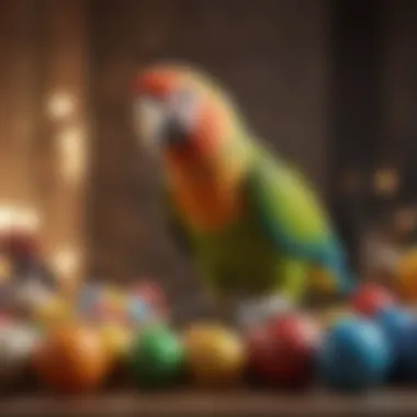 A parrot engaging in playtime with toys