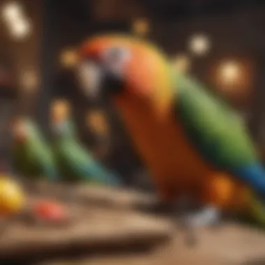 A parrot socializing with other birds in a stimulating environment