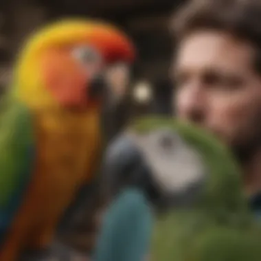 An owner interacting gently with a parrot, reflecting the bond between them.