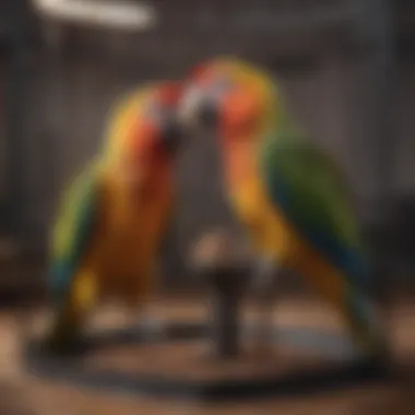 Parrots interacting in a divided cage setting