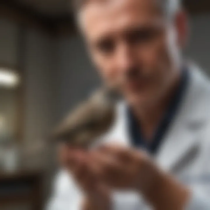 Veterinarian examining a small bird in a specialized clinic