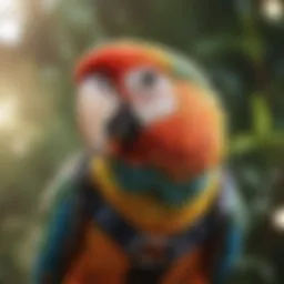 A colorful parrot wearing a bird harness outdoors