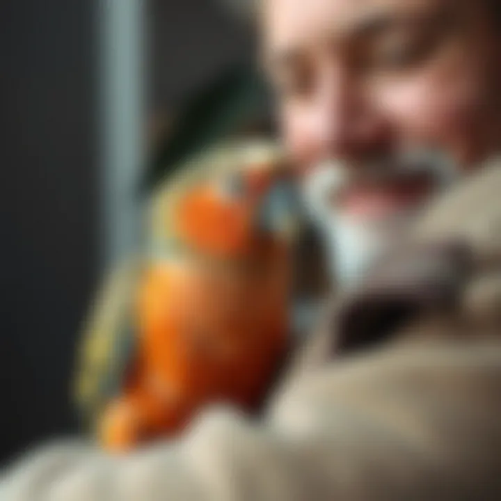 Responsible Ownership: The Bond Between Birds and Owners Close-up of a bird owner with their pet bird in a cozy setting